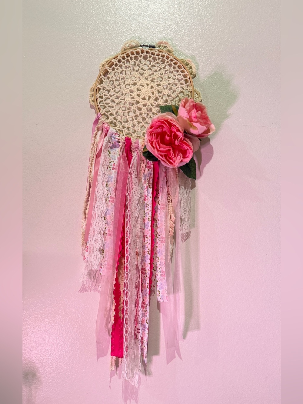 Pink Floral Dreamcatcher Wall Hanging